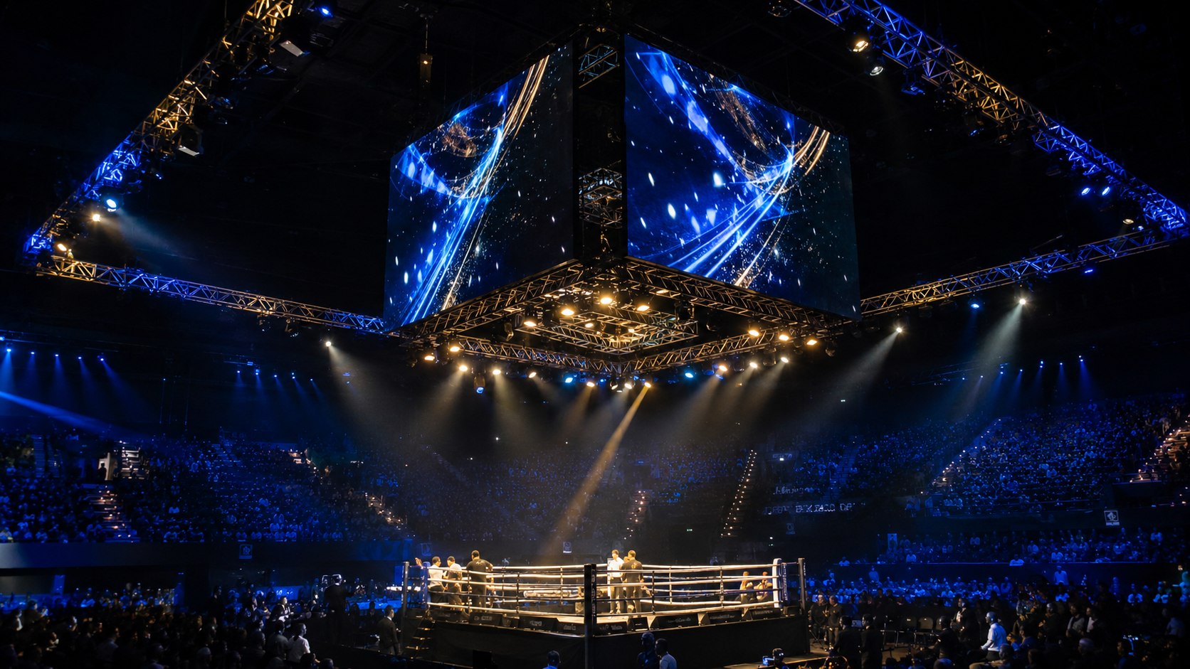 Cube vidéo MTPBOXING au-dessus d'un ring de sports de combat